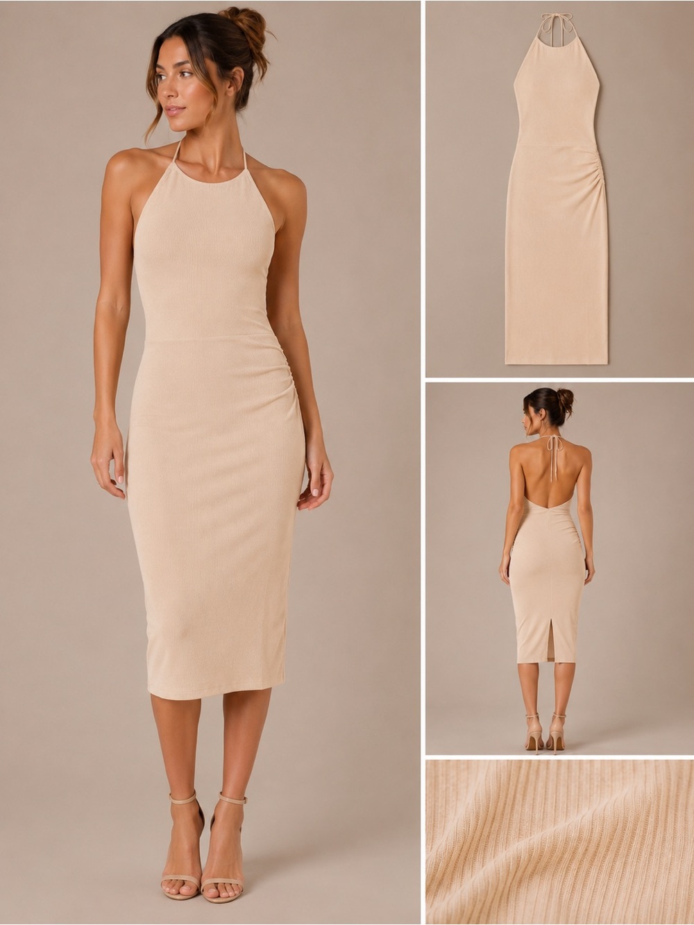 NWT WAYF Ribbed Halter Midi Dress Bodycon Tie Backless Sexy Tan Beige Peach